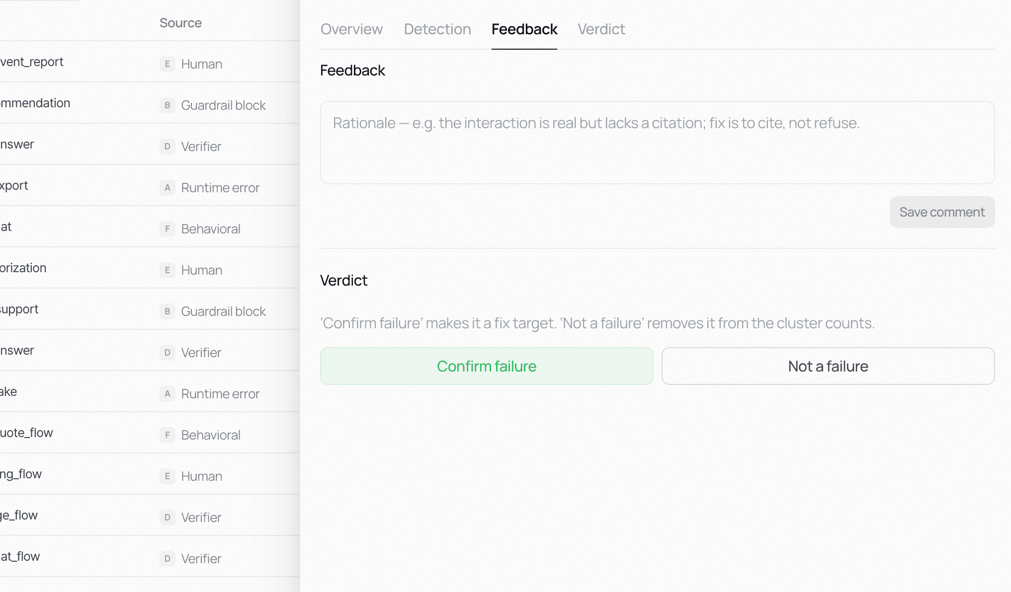 Nora feedback and verdict review screen